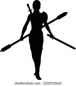silhouette female warrior holding sword and spear in both hands