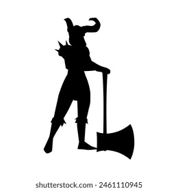 Silhouette of a female warrior in Viking clothing, a helmet with horns and an ax. Vector illustration of icons and stencils on an isolated background.