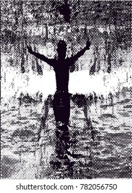 Silhouette of female in water, from from behind, with arms raised 