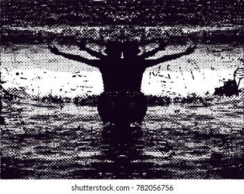 Silhouette of female in water, duplicated,  from from behind, with arms raised 