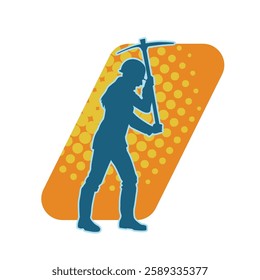 Silhouette of a female wearing worker costume in pose with pick axe tool. Silhouette of a woman in miner costume carrying pick axe tool.