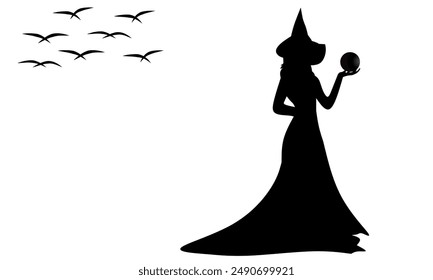 silhouette of a female witch carrying a divination ball with birds in the background. vector illustration