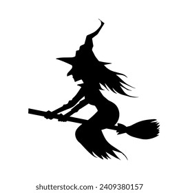 Silhouette of a female witch ride broom