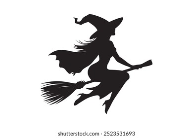 Silhouette of a female witch ride broom