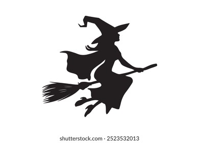 Silhouette of a female witch ride broom