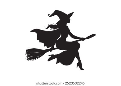 Silhouette of a female witch ride broom