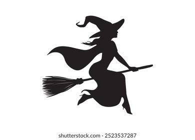 Silhouette of a female witch ride broom