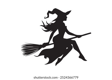 Silhouette of a female witch ride broom