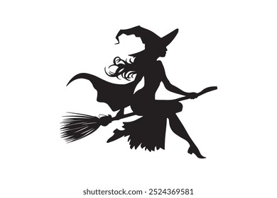 Silhouette of a female witch ride broom