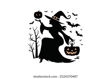 Silhouette of a female witch ride broom