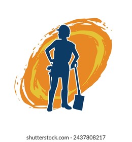 Silhouette of a female worker carrying shovel tool. Silhouette of a worker in action pose using shovel tool.