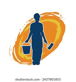 Silhouette of a female worker doing painting work. Silhouette of an interior painter worker.
