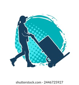 Silhouette of a female worker pushing a hand trolley equipment transporting cardboard boxes