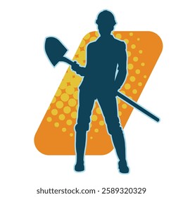 silhouette of a female worker wearing helmet holding a shovel tool.