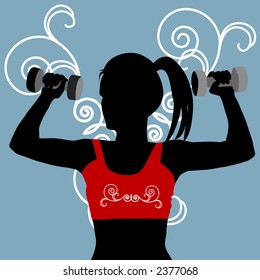 silhouette of female working out with filigree behind