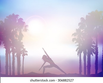 Silhouette Of A Female In Yoga Pose In Summer Palm Tree Landscape With Retro Effect