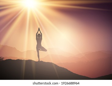 Silhouette Of A Female In A Yoga Pose In A Sunset Landscape