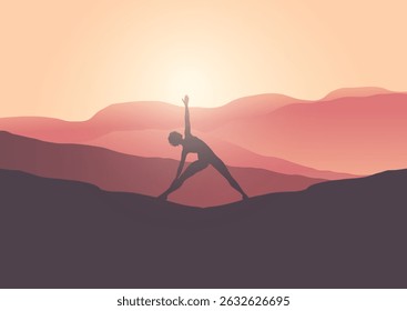 Silhouette of a female in a yoga pose in a sunset landscape