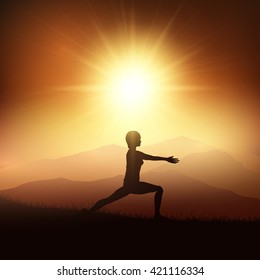 Silhouette of a female in a yoga position against a sunset landscape