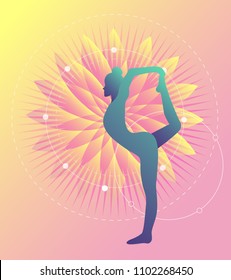 Silhouette Female Yogi Posing Single Leg Balance Yoga Pose on Abstract Lotus with Enlighten Ray Background.