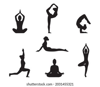 Silhouette of females in various yoga postures.