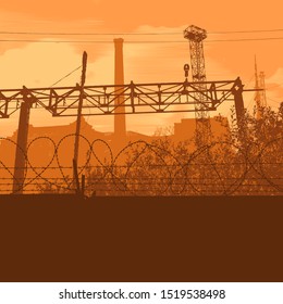 The silhouette of fence with barbed wires, metal structures in the industrial zone and old factory with a big pipe. Vector Illustration