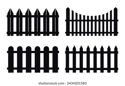 Silhouette fence set. Four isolated timber fences. Flower bed border. Simple black and white village yard fence icon set