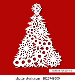 Silhouette of a festive Christmas tree with garlands balls, snowflakes, stars. Template for laser cutting (cnc), wood carving, paper cut or printing. Vector illustration. 