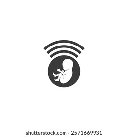 silhouette of a fetus inside a circle with three curved lines above it, resembling a Wi-Fi signal, symbolizing connectivity or communication related to prenatal development