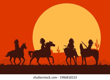 silhouette of a few native americans on a sunset background