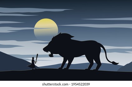 Silhouette of fiction with knight and lion,vector illustration