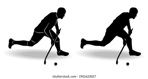 silhouette of a field or floorball hockey player , black and white drawing, white background