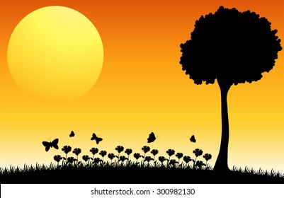 Silhouette field of flowers with butterflies
