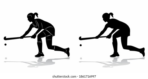 silhouette of a field hockey woman player , black and white drawing, white background