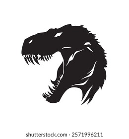 Silhouette of a fierce T-Rex head with open jaws showcasing sharp teeth.