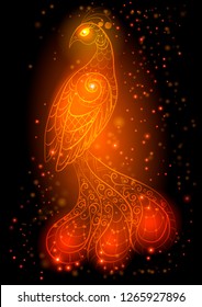 Silhouette of a fiery bird surrounded by sparks of flame in a red glow on a black background.