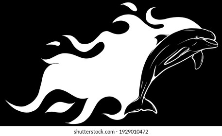 silhouette of fiery dolphin. Vector illustrations. Tattoos.