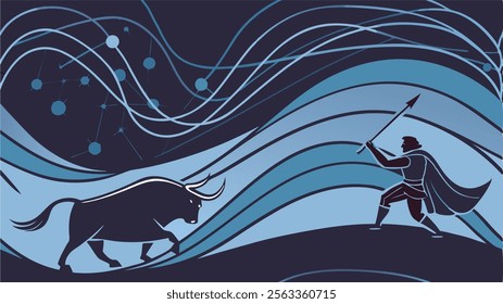 Silhouette of a fight: Toreador against a bull against the night sky