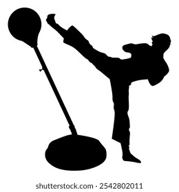Silhouette of a fighter athlete practicing kicking with a punching bag. Perfect for stickers, icons, logos