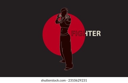 Silhouette of a fighter girl on a dark background. Logo. The emblem.