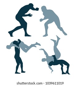 Silhouette Of Fighters On A Arena. Greco-roman, Freestyle, Collegiate, Scholastic, Amateur Wrestling Or MMA