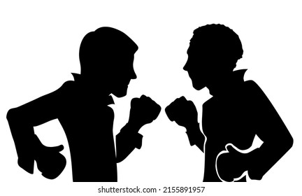 Silhouette with fighting scene depicting two gentlemen ready to fight: men with fist high wearing boxer gloves.