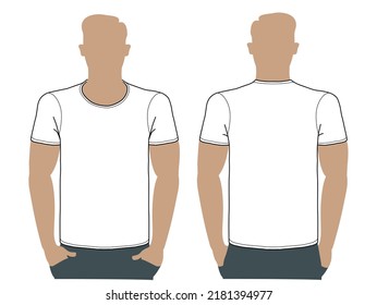 Silhouette of the figure of a boy male teenager men in a white t-shirt. Graphic blank t-shirt template to showcase your print design.