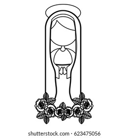 silhouette figure fasceless virgin maria cartoon with aureole on crown of roses vector illustration