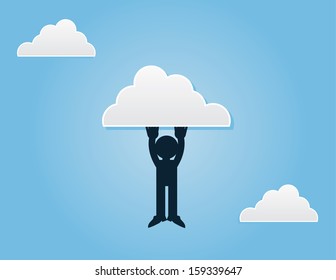 Silhouette figure hanging from a cloud 