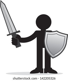 Silhouette figure holding sword and shield 