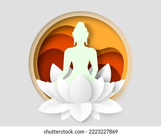 Silhouette figure in lotus flower vector. Yoga logo. Female sitting feeling calm and peace of brain illustration. Body, spirit and mind balance exercise. Spiritual wellness workout