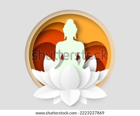 Silhouette figure in lotus flower vector. Yoga logo. Female sitting feeling calm and peace of brain illustration. Body, spirit and mind balance exercise. Spiritual wellness workout Stock photo © 