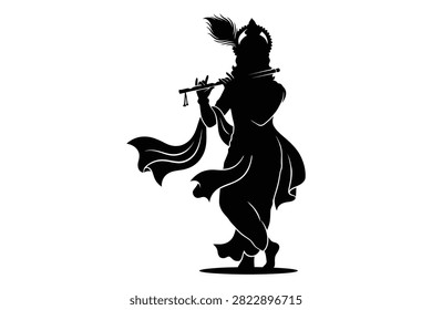Silhouette figure playing flute with flowing hair and draped garment