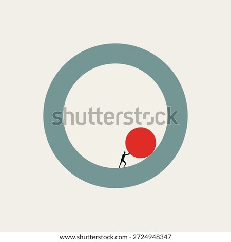 Silhouette figure pushing a red ball inside a giant circular track, depicting repetitive tasks and corporate cycles of frustration. Minimalist business vector concept illustration.